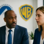 Paramount and Warner Bros Discovery logos side by side with financial charts showing merger details