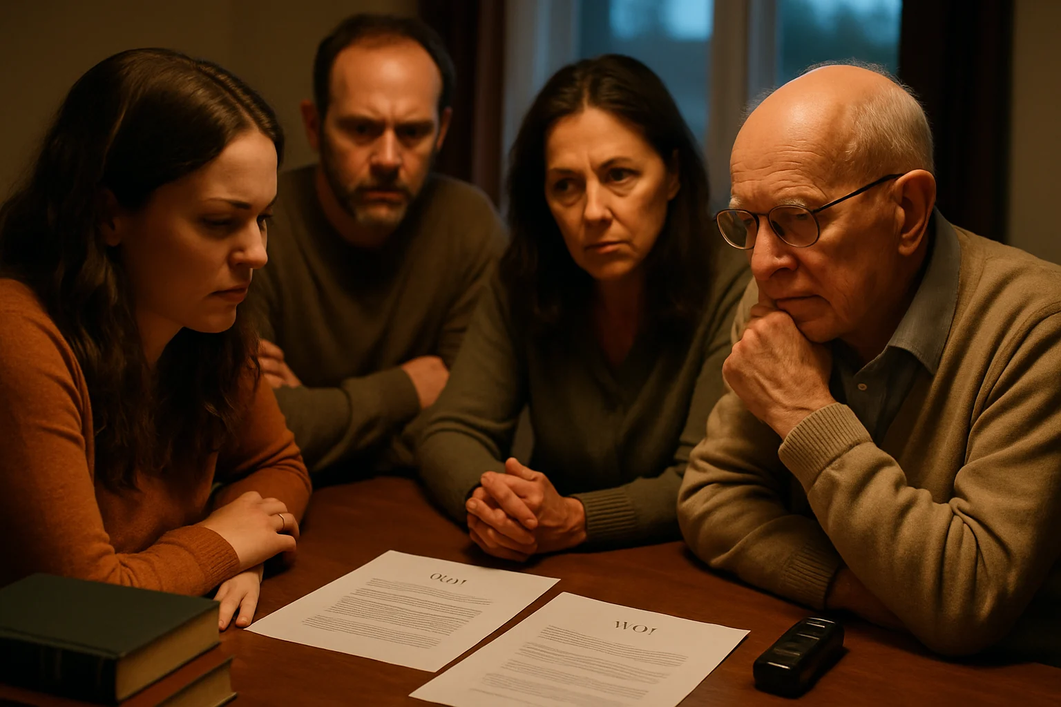 家庭成员围坐讨论遗产分配,桌上摆放着遗嘱文件和法律书籍