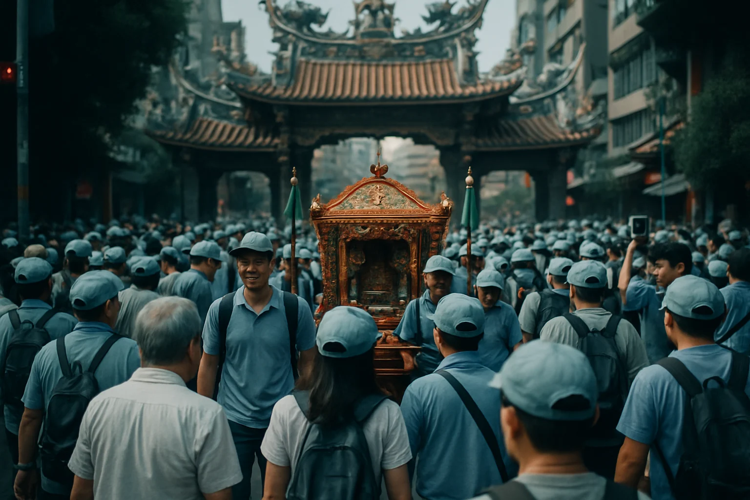 數十萬信眾徒步跟隨媽祖神轎進行大甲媽遶境的壯觀場面