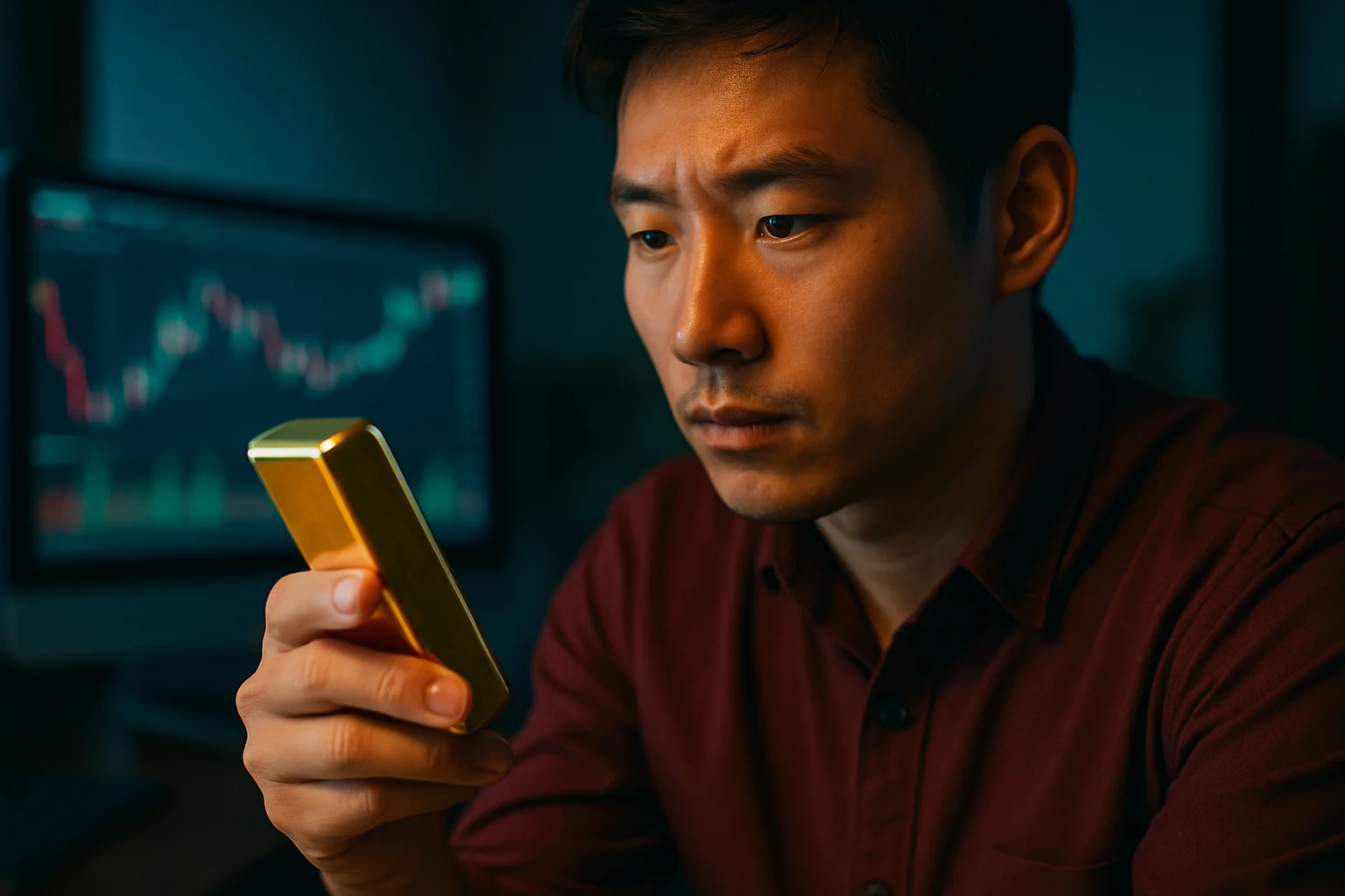 Hình ảnh một người đang cầm thỏi vàng và theo dõi biểu đồ trên máy tính