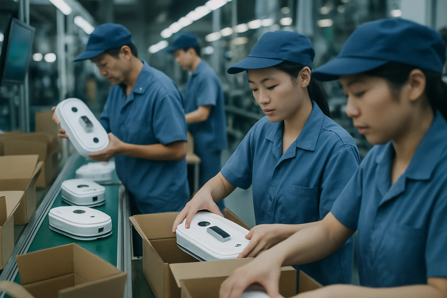 中国擦窗机器人生产线工人正在包装产品准备出口