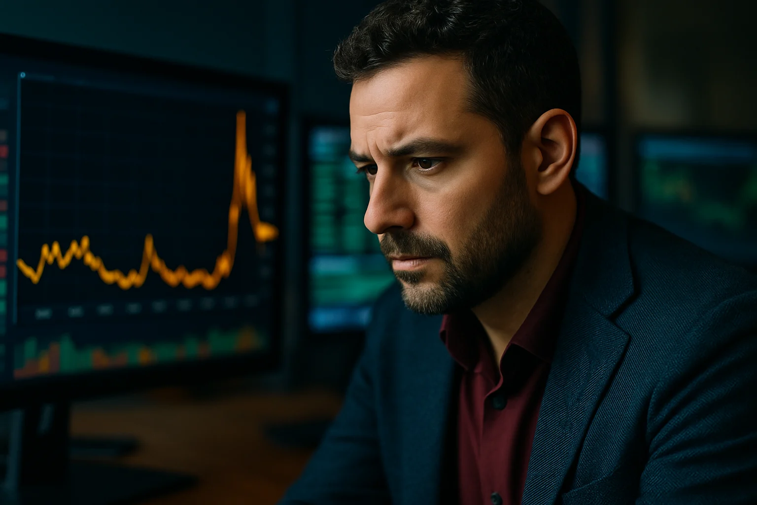 投資人盯著電腦螢幕看vix指數即時走勢,表情凝重思考是否進場