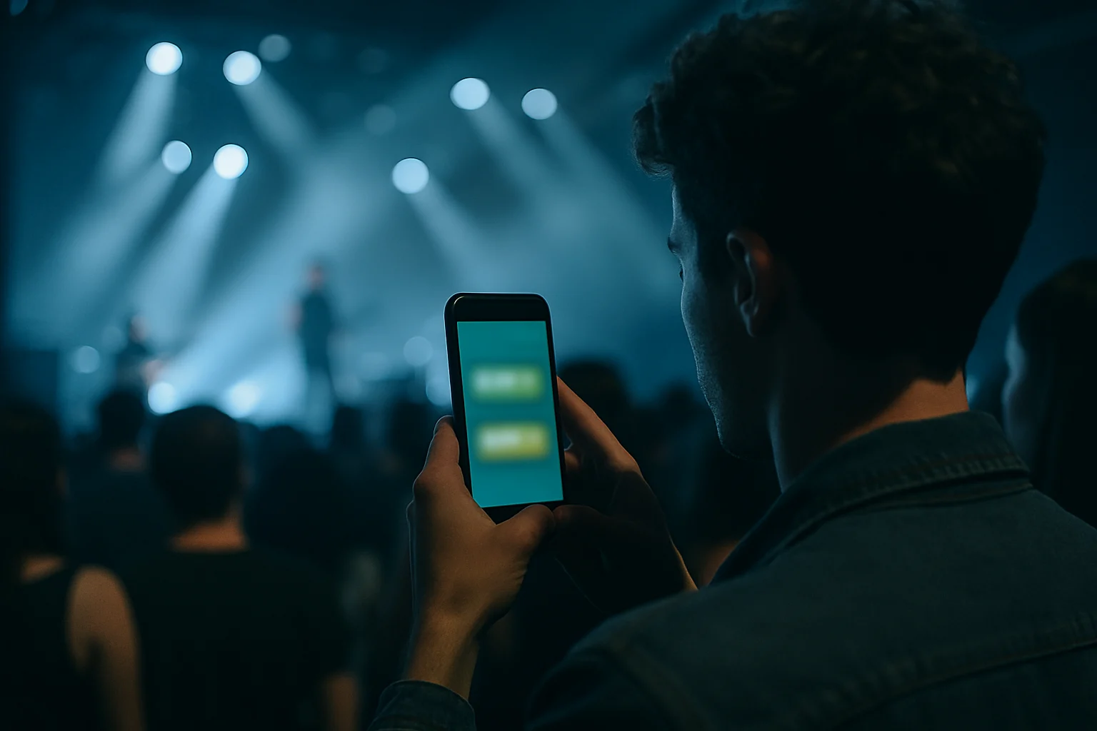 Concert fan using smartphone to compare ticket prices across multiple platforms showing increased competition