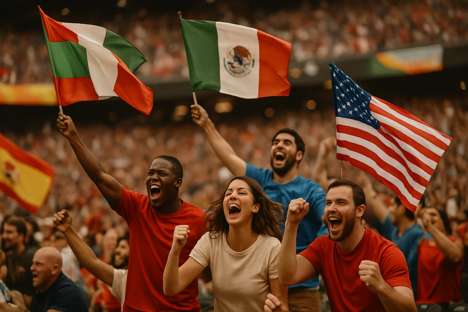 球迷在世界盃2026比賽現場揮舞各國國旗慶祝進球瞬間