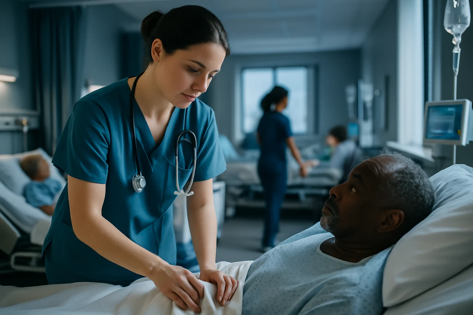 護理師穿著白色護理服在醫院病房為病患量血壓的工作場景
