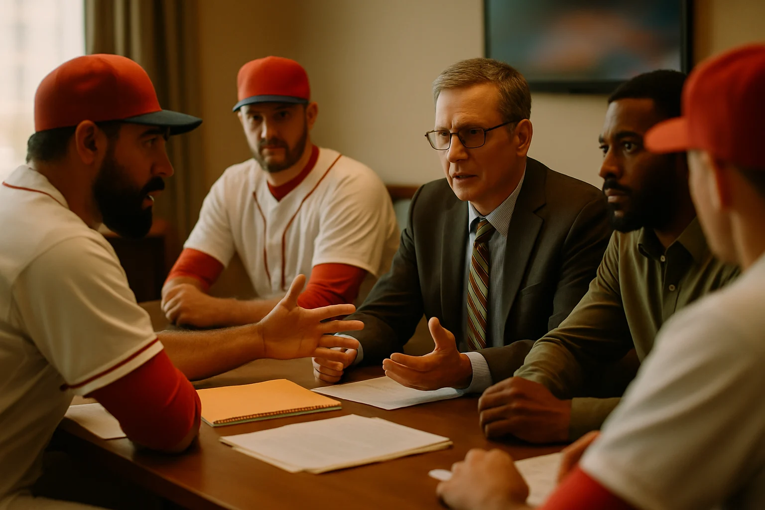 MLB 球員工會 MLBPA 代表集體協商的大聯盟球員在談判桌前討論 CBA 合約