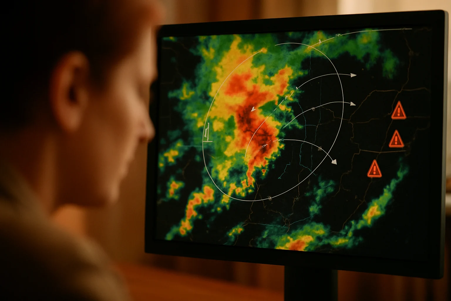 气象雷达显示强对流天气云团移动轨迹和降雨分布图