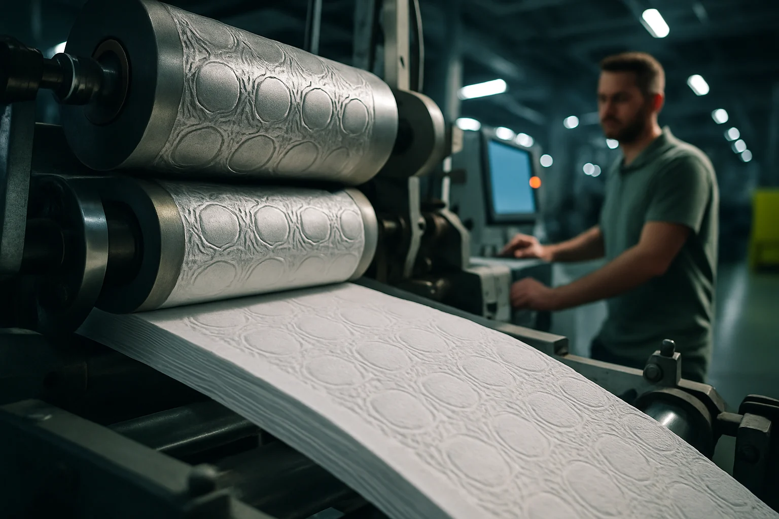 卫生纸压花工艺生产线展示多层纸张压制过程