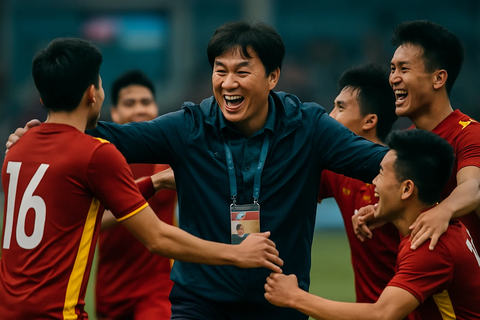 Kim Sang-sik ăn mừng cùng các cầu thủ U23 Việt Nam sau chiến thắng tại giải U23 châu Á 2026