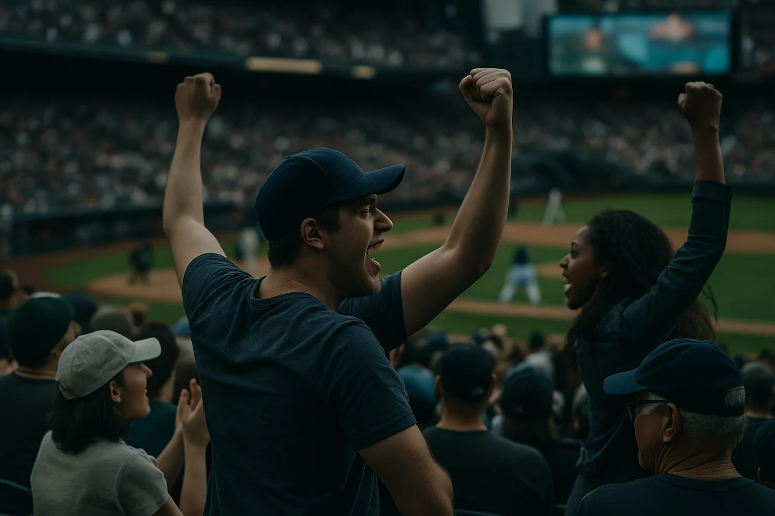 MLB棒球賽場上投手投球瞬間,背景是觀眾席與電子記分板
