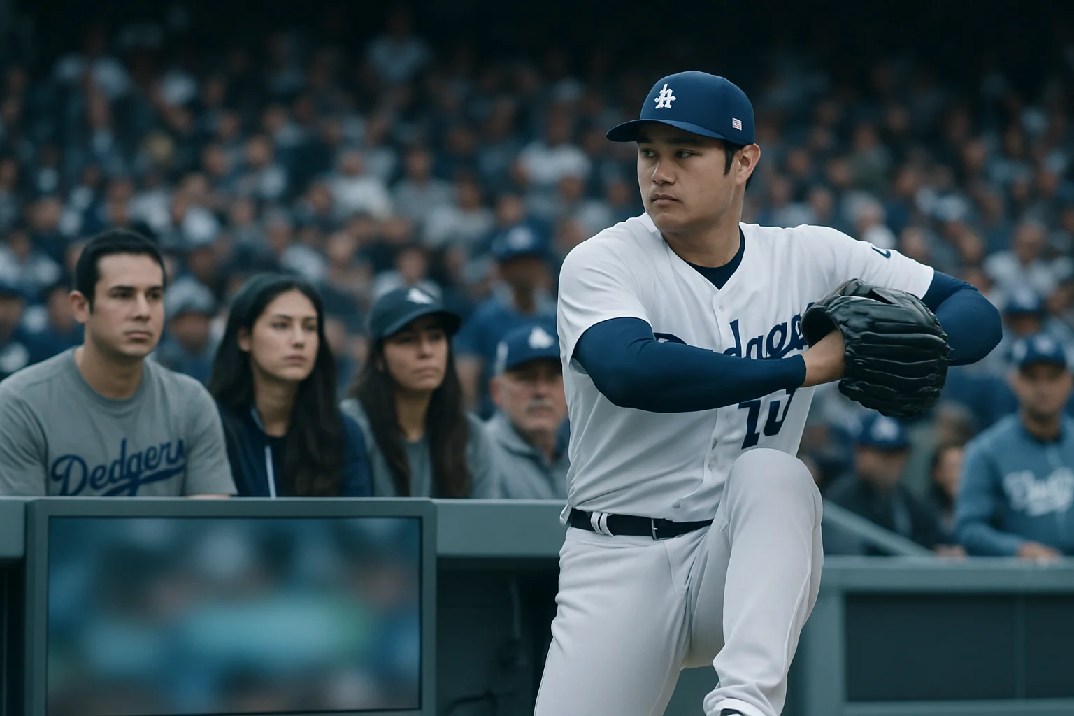 Shohei Ohtani pitching at Dodger Stadium during the April 2026 MLB season, crowd packed in afternoon sunlight