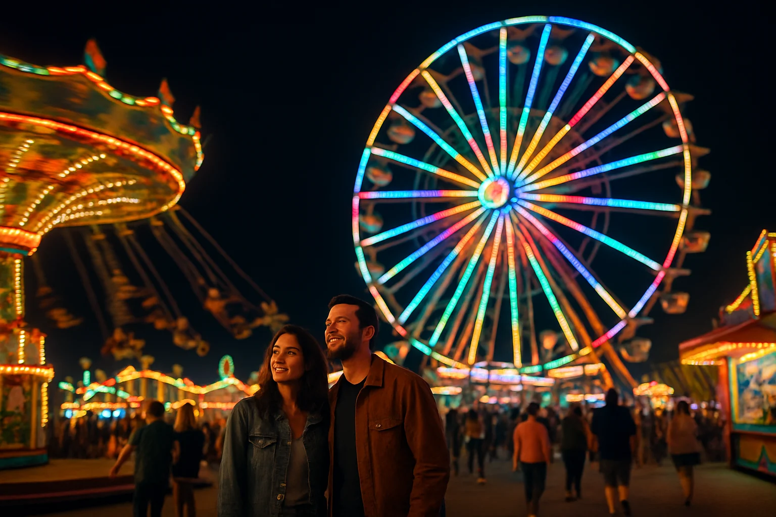 兒童新樂園夜間營運時的美麗燈光與摩天輪夜景