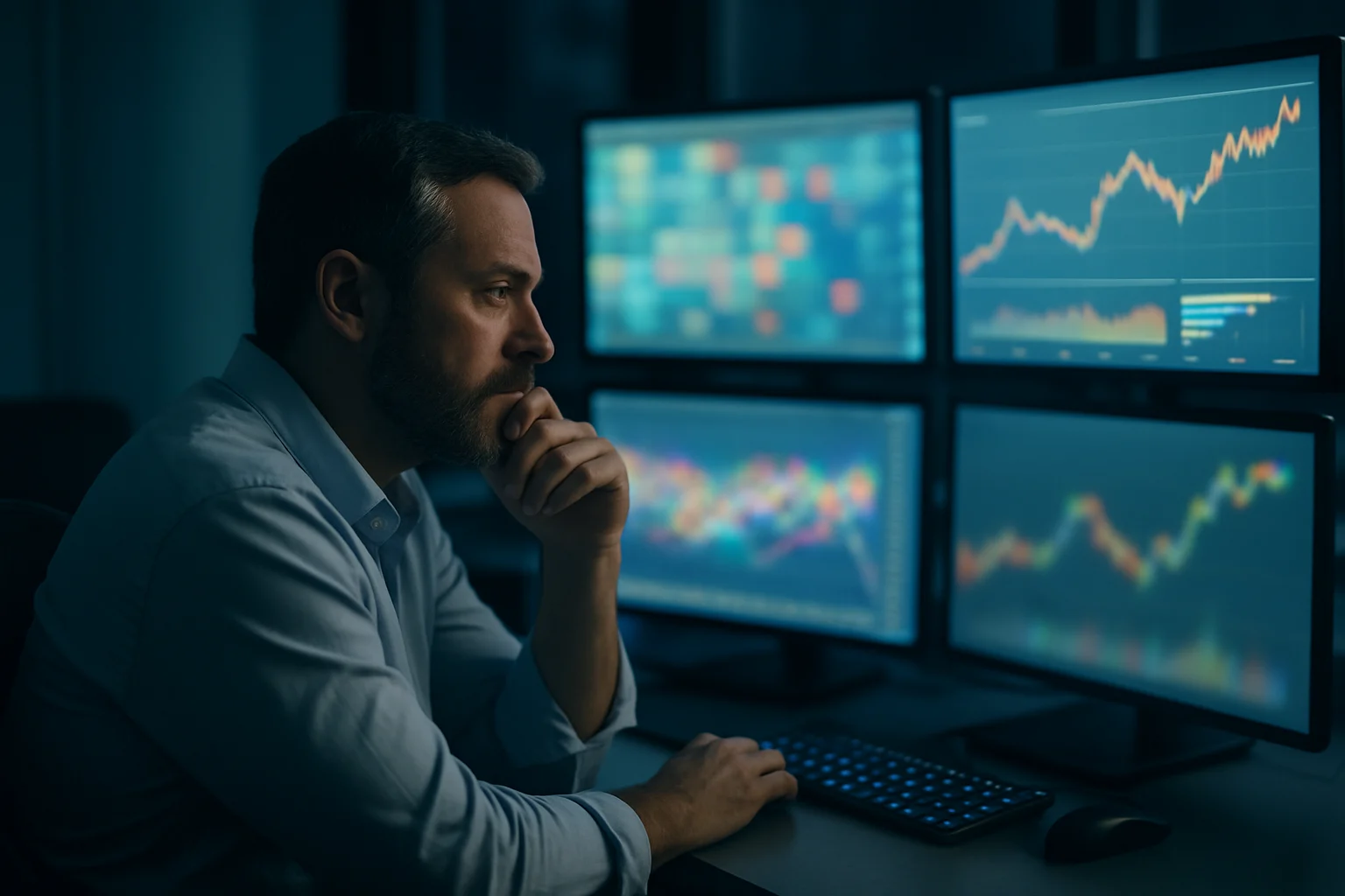 期貨交易人在電腦前操作台指期夜盤看盤軟體的畫面