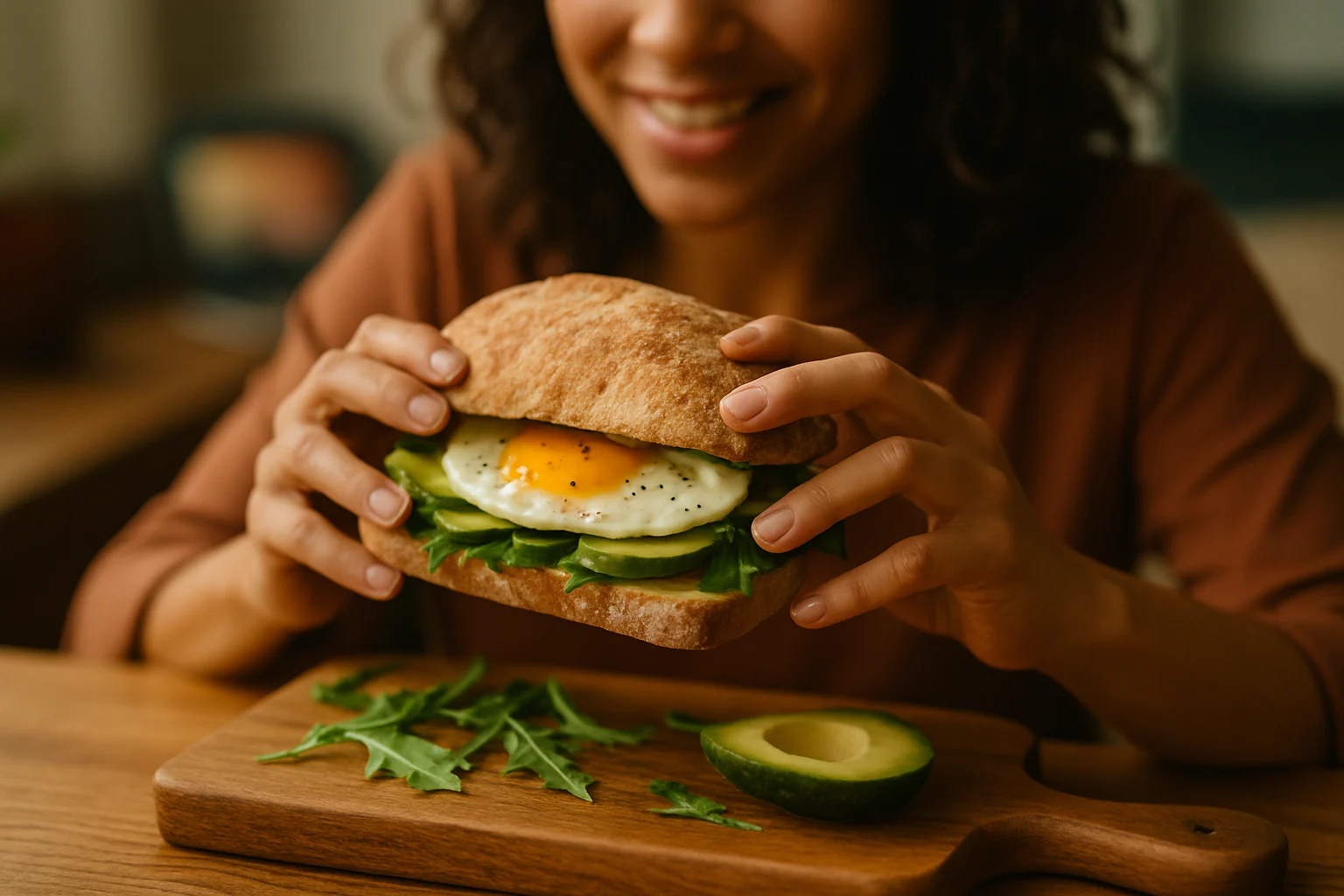 恰巴塔面包夹鸡胸肉牛油果煎蛋的减脂餐搭配,摆放在木质餐盘上