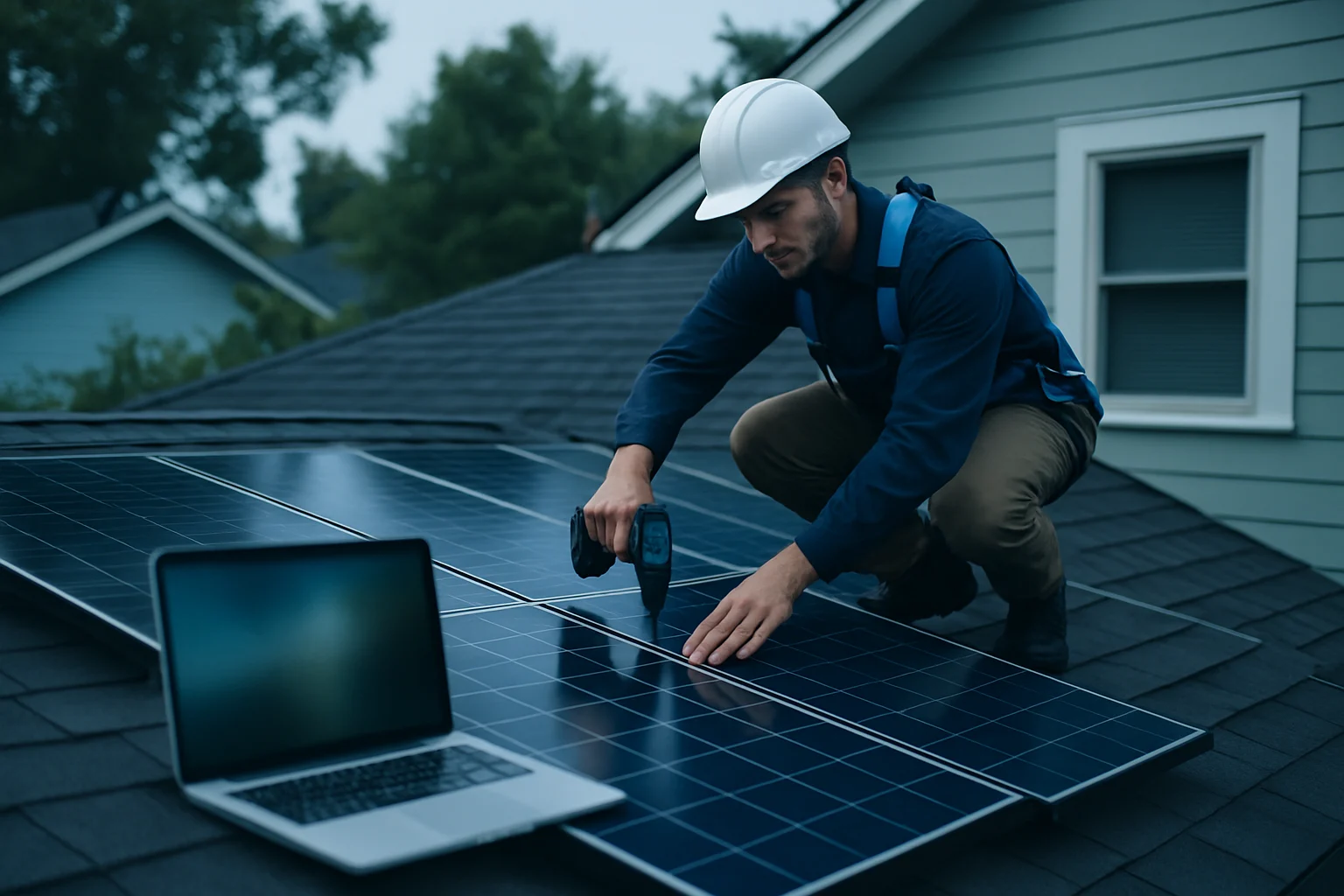 Modern solar panel installation on residential rooftop with efficiency monitoring display showing 31% conversion rate