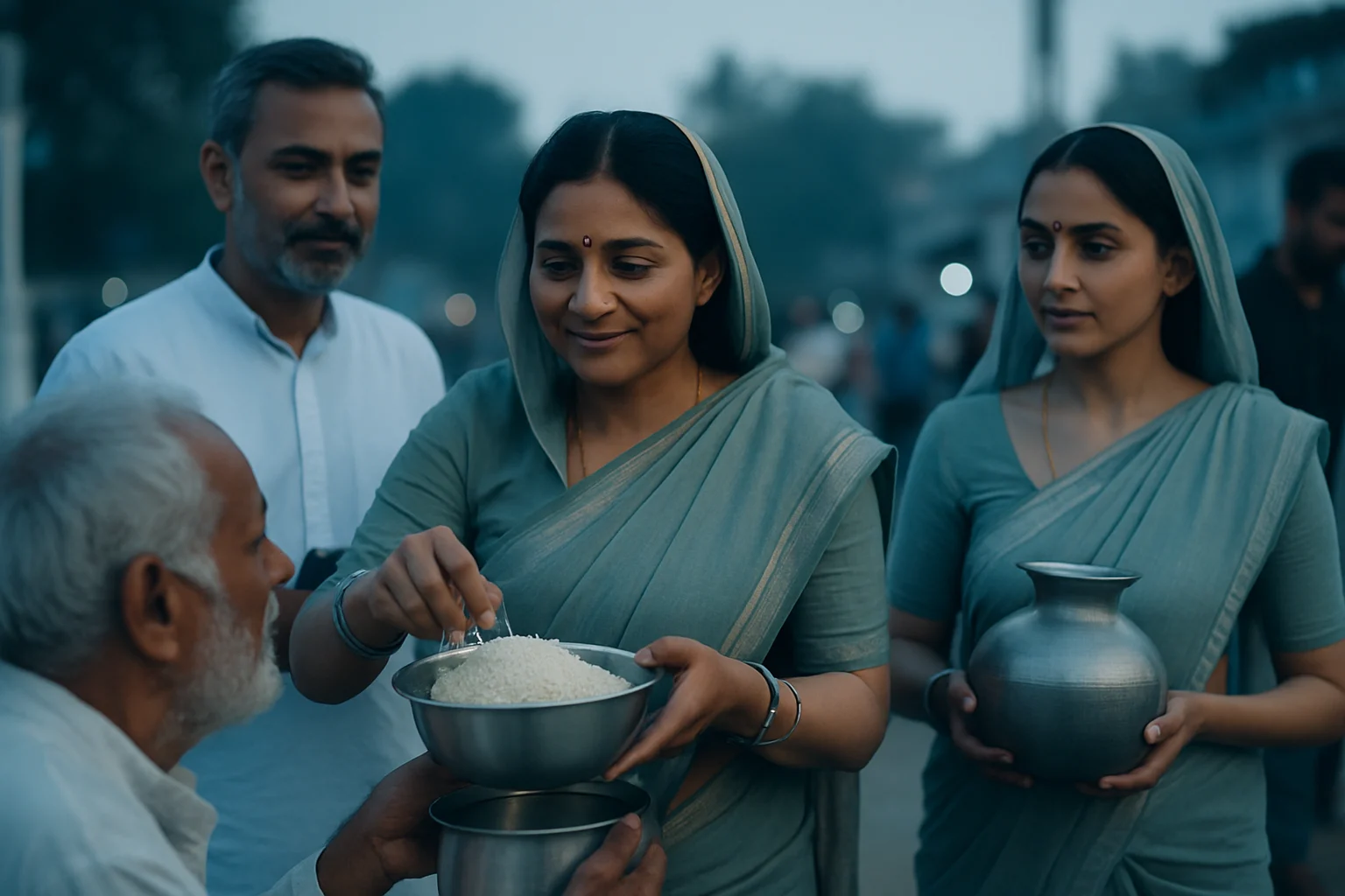 अक्षय तृतीया पर दान करते हुए लोगों का दृश्य