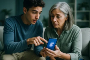 新手用手機操作Facebook介面，顯示動態消息與社團功能選單畫面