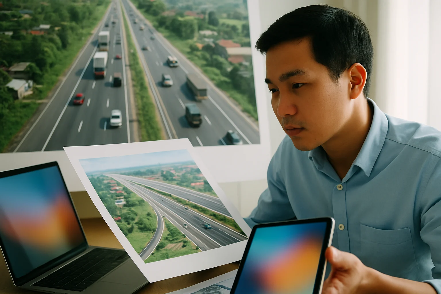 Quốc lộ 1A đoạn qua Hà Nội nhìn từ trên cao, đường đông đúc xe cộ