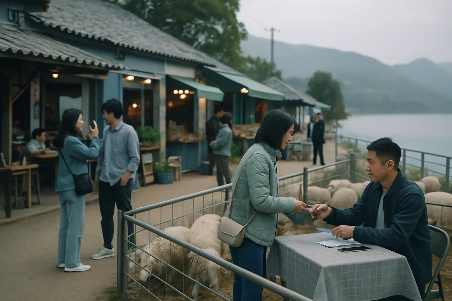 济源克井镇河口水库周边农家乐和小商店生意兴隆场景