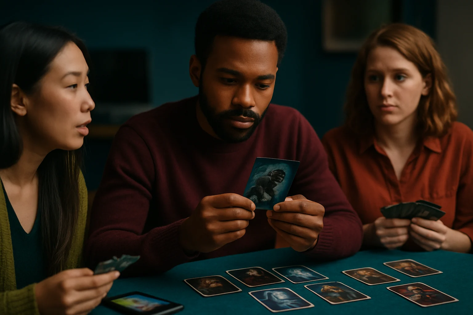 一群朋友圍坐桌旁進行狼人殺桌遊,手持角色牌