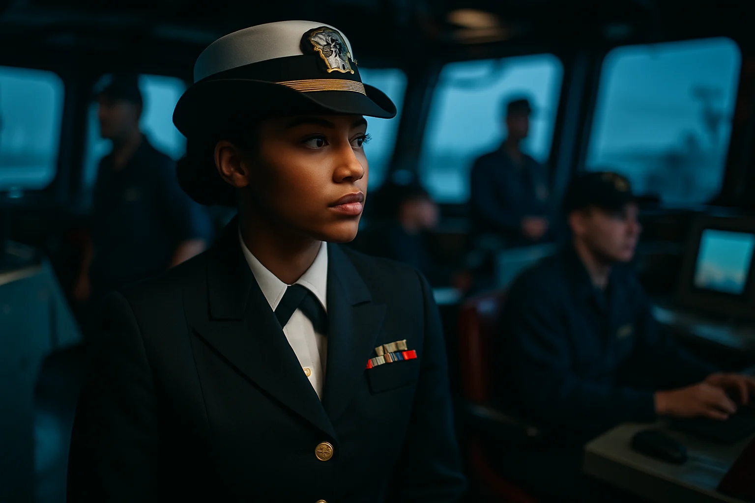 海军五指山舰女兵在采访活动中回答记者提问的现场画面