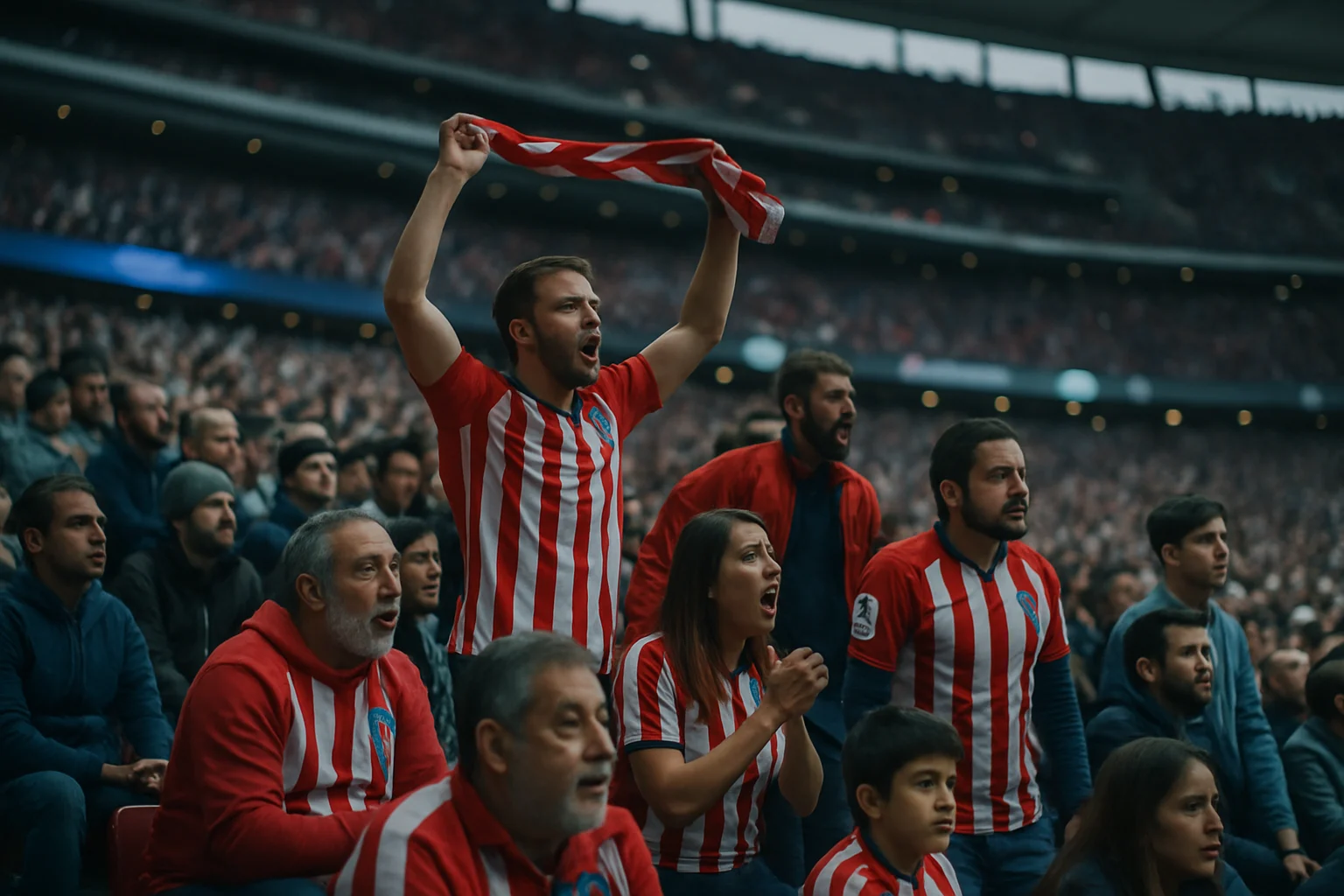 A stadium packed with fans, half in Atlético Madrid colors and half in Arsenal colors, cheering enthusiastically during a Champions League match.