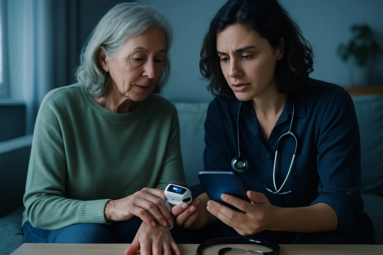 手指夾式血氧機顯示SpO2數值96%,旁邊放著聽診器,醫療居家檢測場景