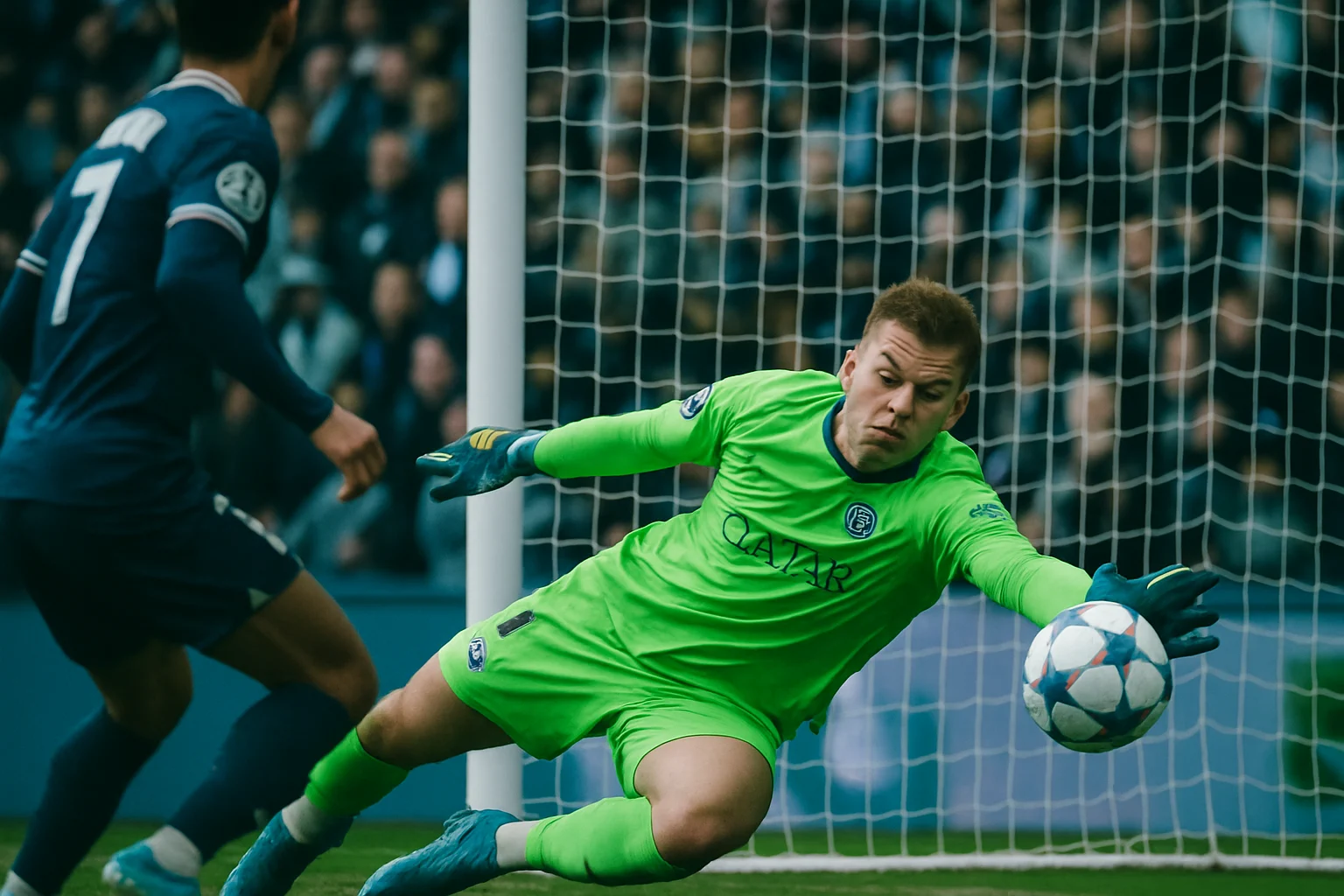 Thủ thành Safonov của PSG cản phá bóng trong trận PSG vs Liverpool tại Anfield