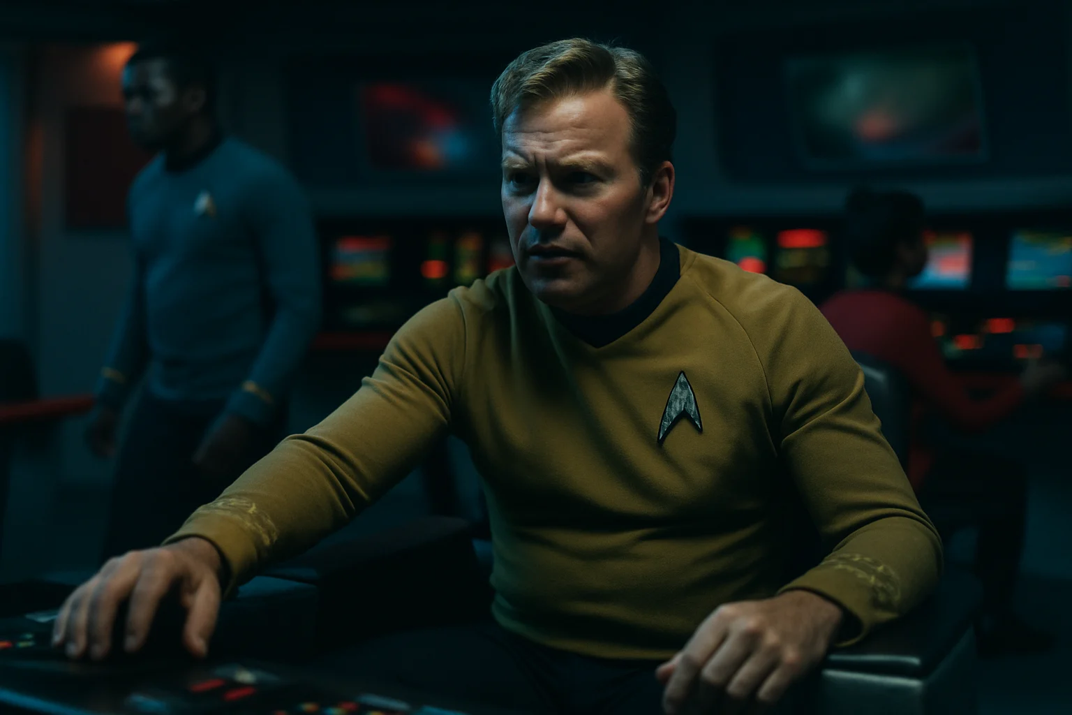 William Shatner as Captain Kirk on the bridge of the USS Enterprise, pointing forward with determination