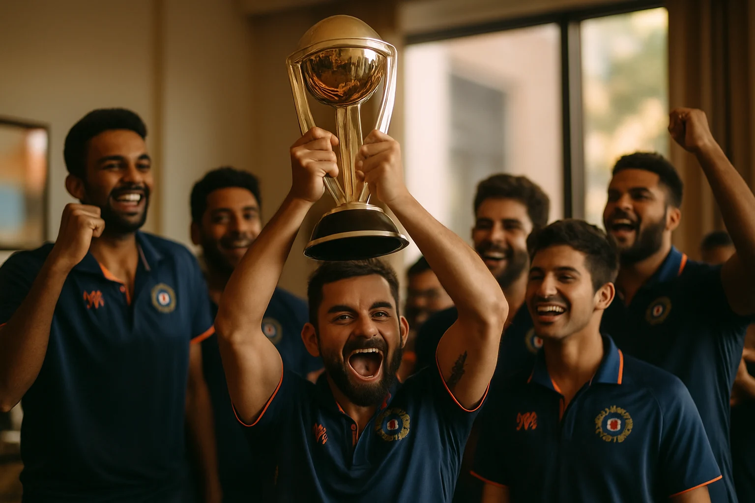 विराट कोहली भारतीय टीम के साथ ट्रॉफी उठाते हुए