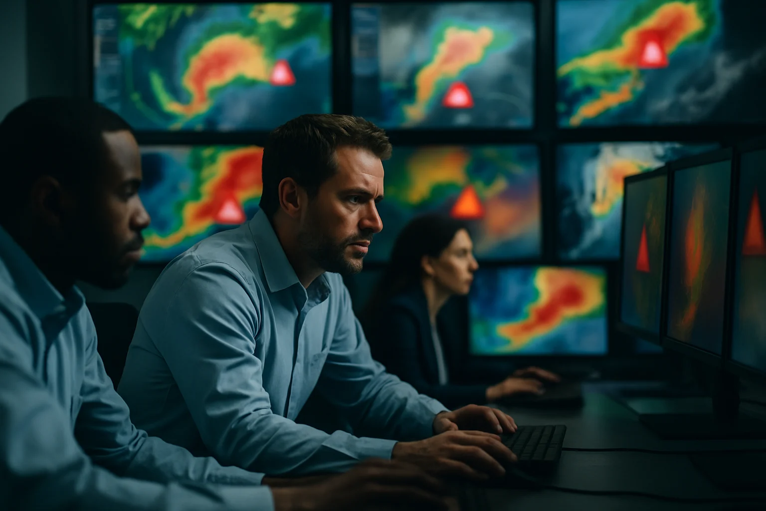 气象工作人员在监测中心分析天气数据和雷达图像
