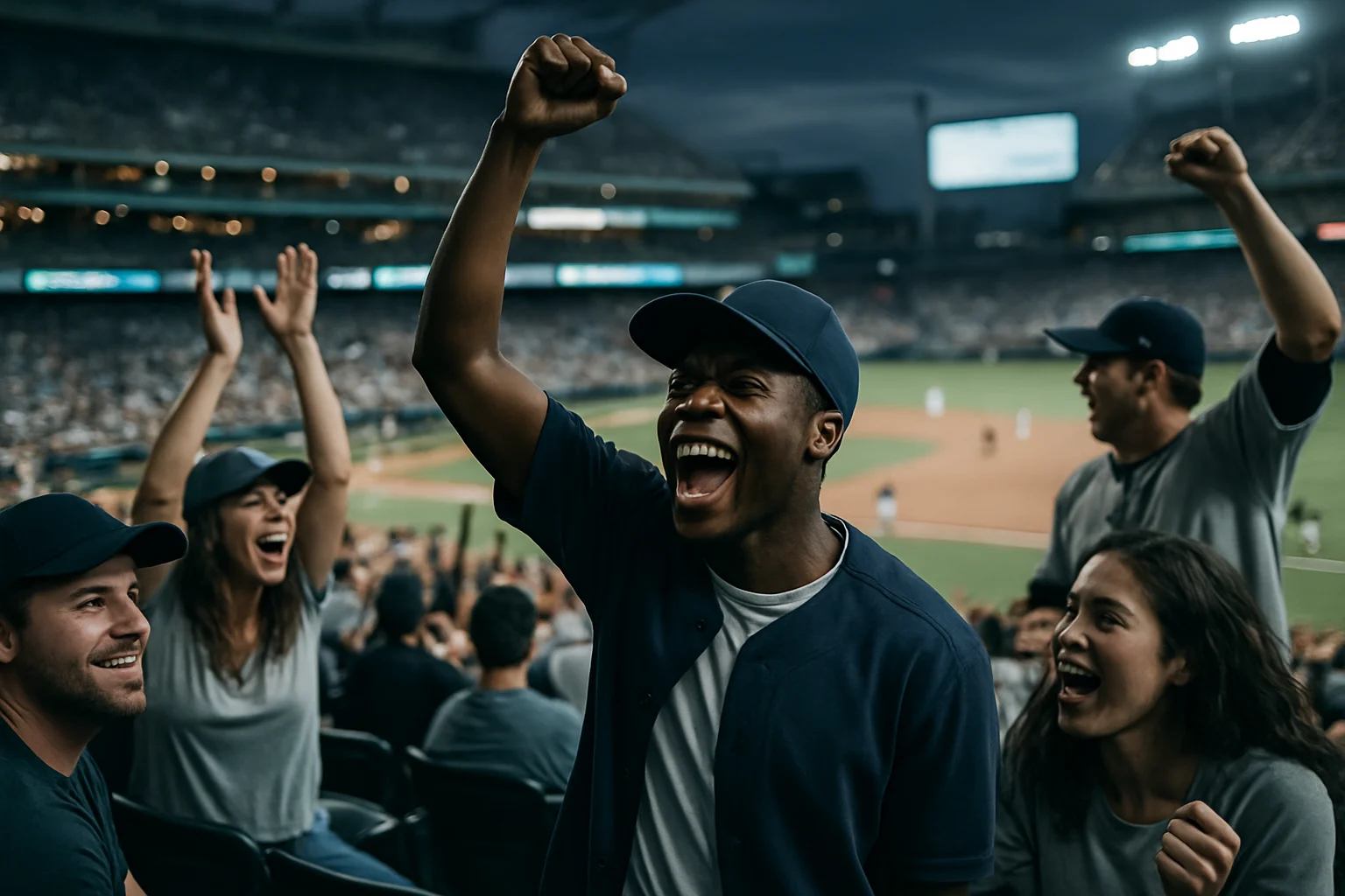 球迷在棒球場內熱情歡呼,背景是球場大螢幕顯示的即時比分與戰績