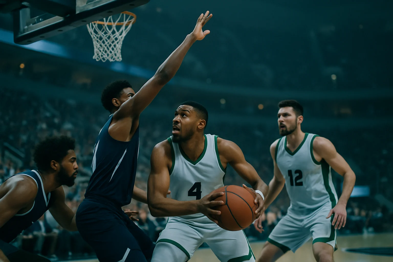 NBA球員在季後賽系列賽場上拼搶,觀眾席爆滿,象徵冠軍戒指爭奪的激烈程度