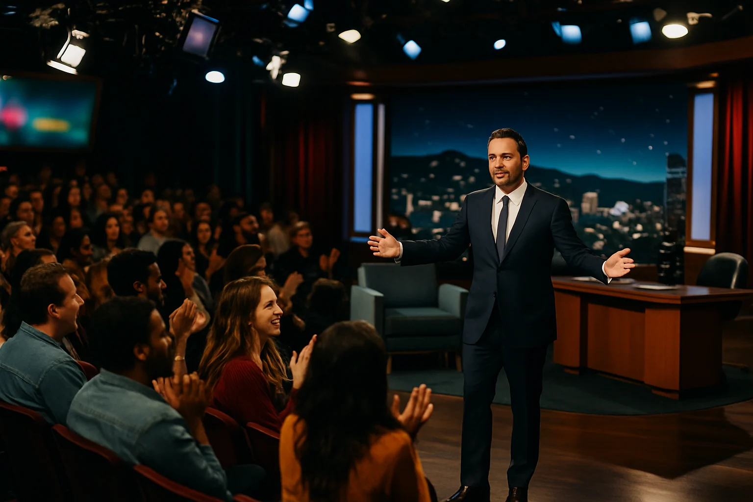 JimmyKimmelLivestudioaudienceandstagesetupshowinglatenightTVproductionscale