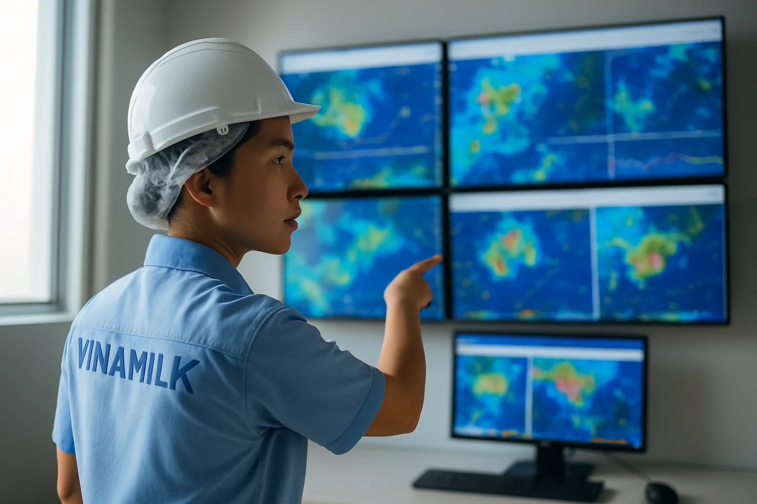 Nhân viên Vinamilk đang kiểm tra hệ thống dự báo nhu cầu sản phẩm trên màn hình máy tính trong nhà máy hiện đại