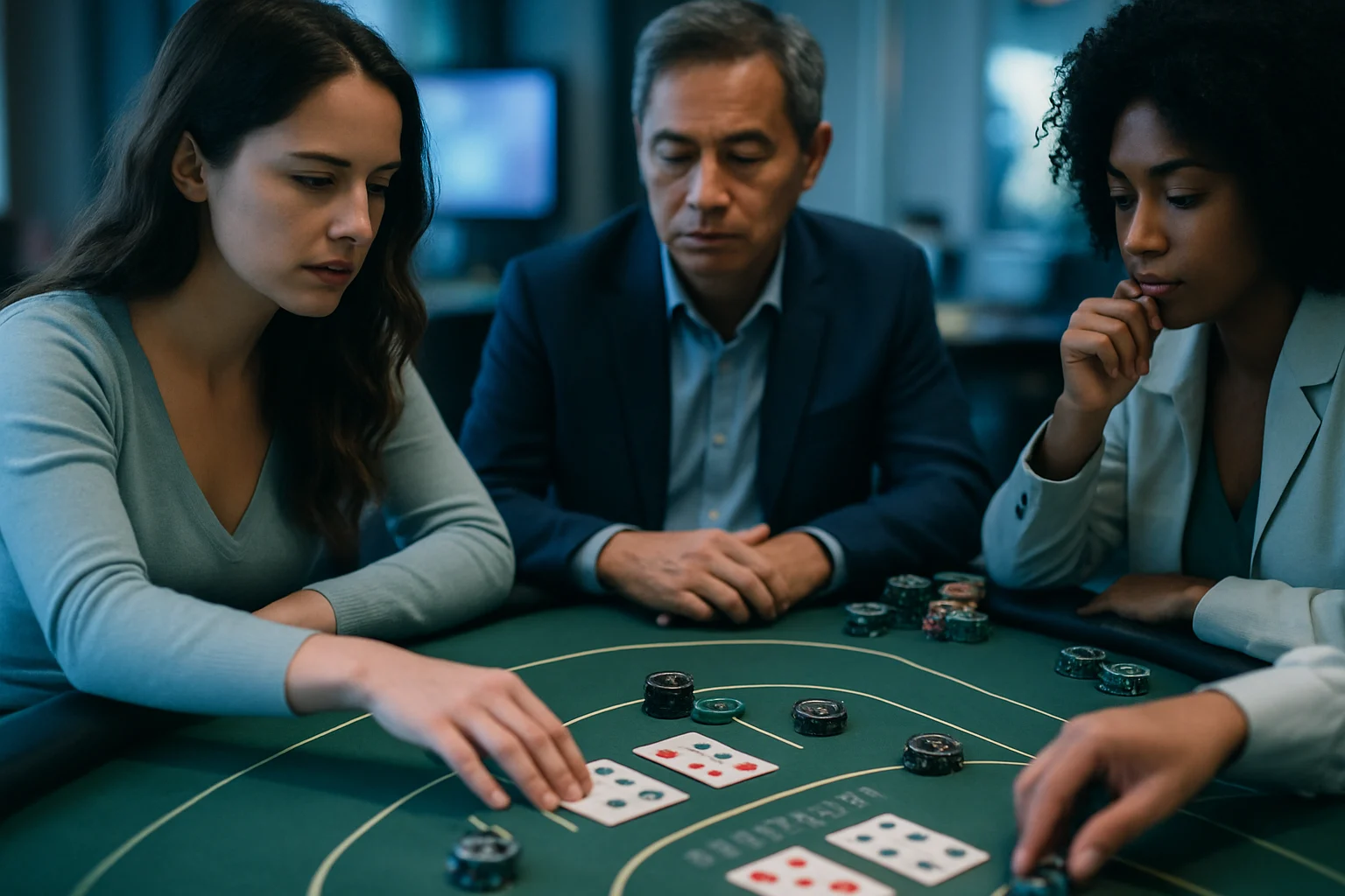 百家樂牌桌莊家閒家籌碼下注場景