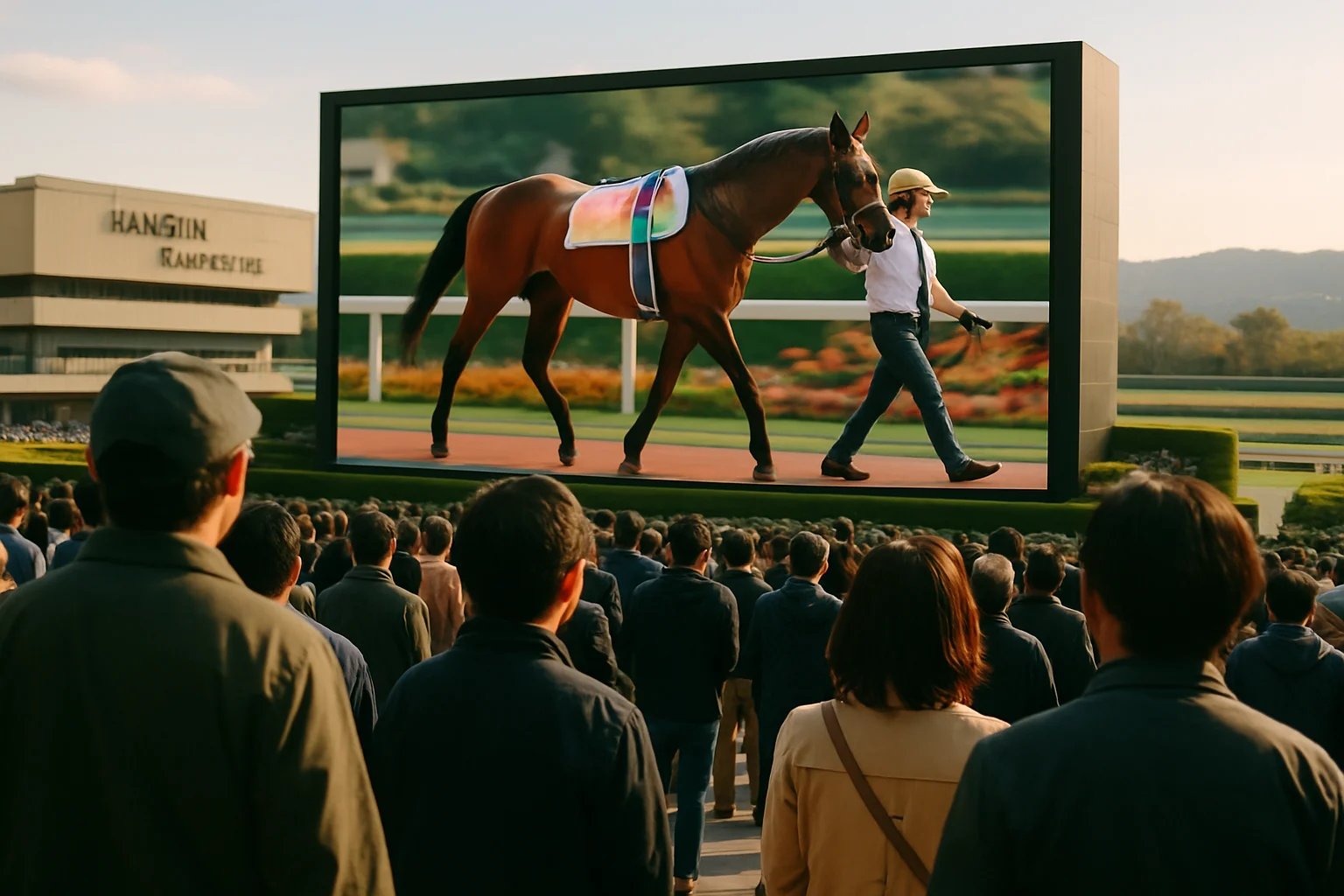 阪神競馬場の大型スクリーンに映し出される馬体重発表の瞬間