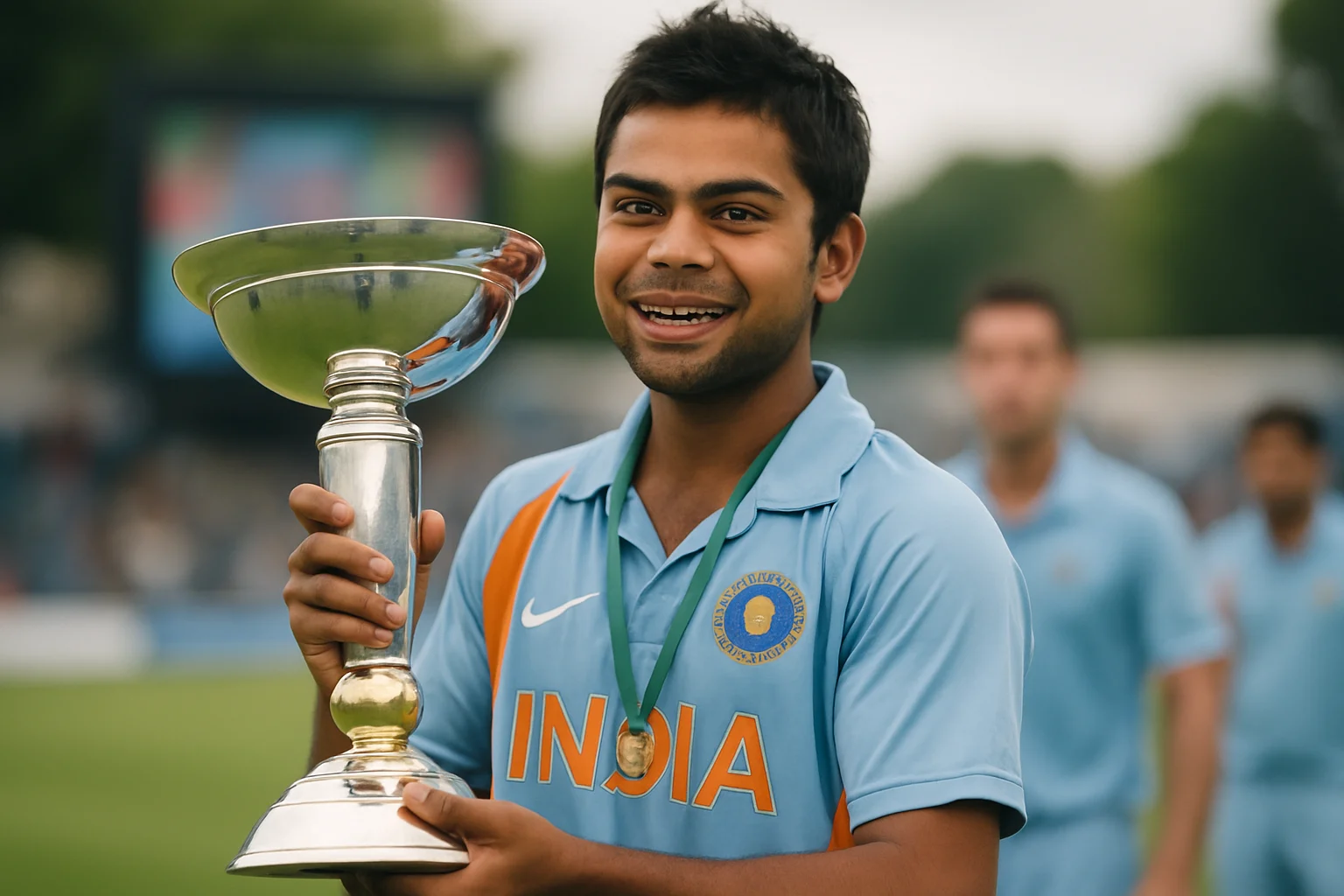 युवा विराट कोहली अंडर-19 विश्व कप ट्रॉफी के साथ 2008 में