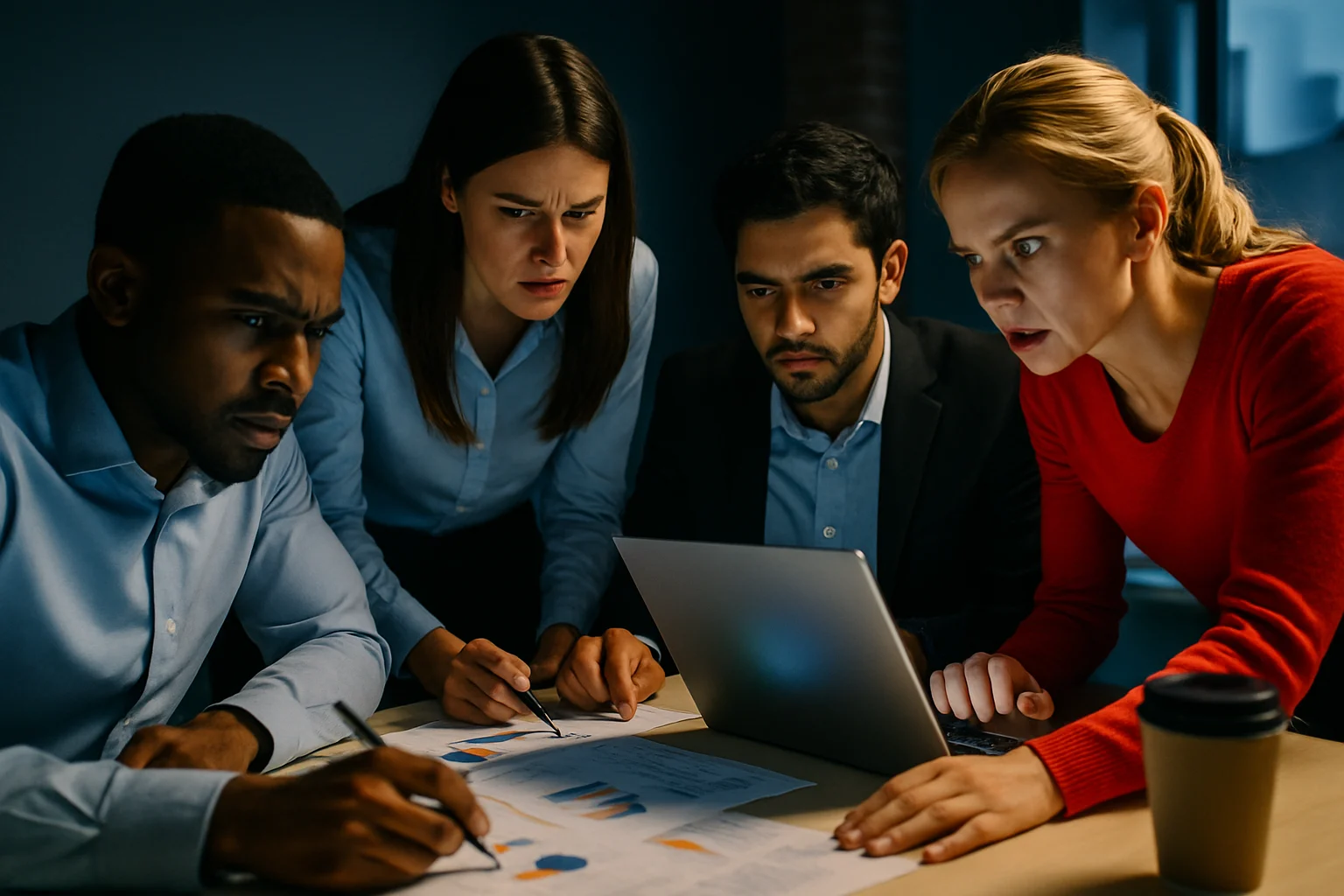 分析師團隊在會議室討論數據報告和圖表的工作場景