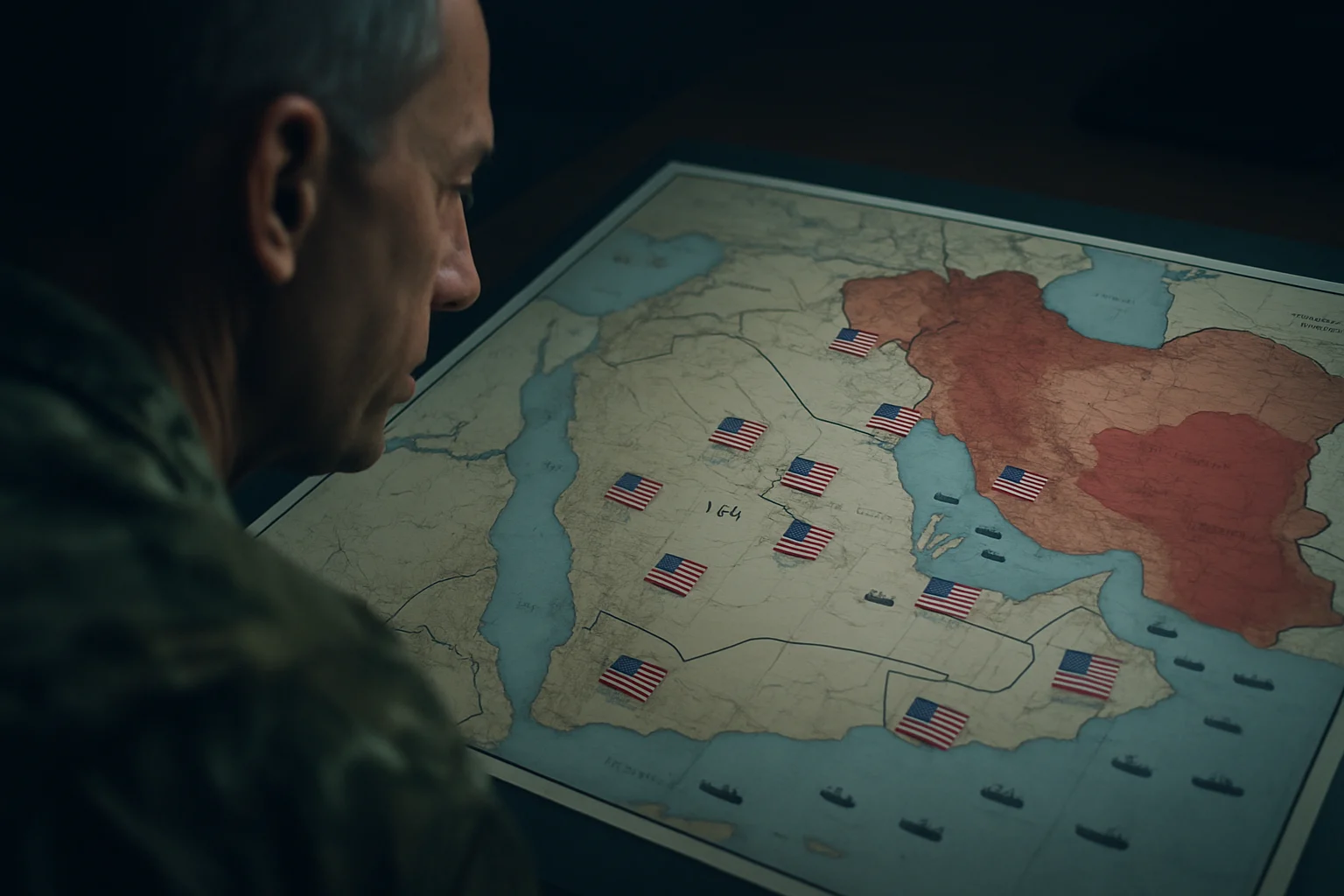 中東地區地圖顯示美國軍事基地、伊朗影響力範圍和主要石油運輸路線