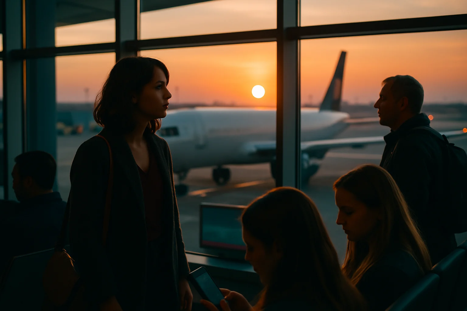 國泰航空飛機停靠在香港國際機場,夕陽餘暉灑落