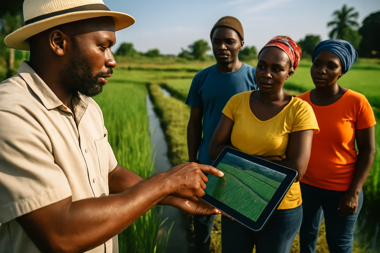 台灣農業技術團在史瓦帝尼示範農場進行水稻種植技術指導的現場畫面