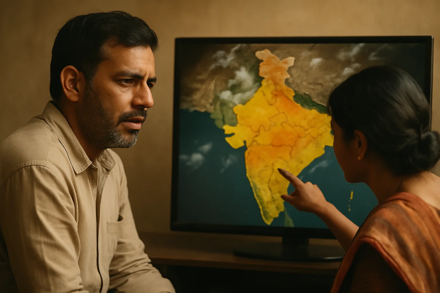 भारत का मौसम मानचित्र जिसमें अप्रैल में उत्तर भारत की गर्मी और पूर्वी भारत के thunderstorm zones दर्शाए गए हैं