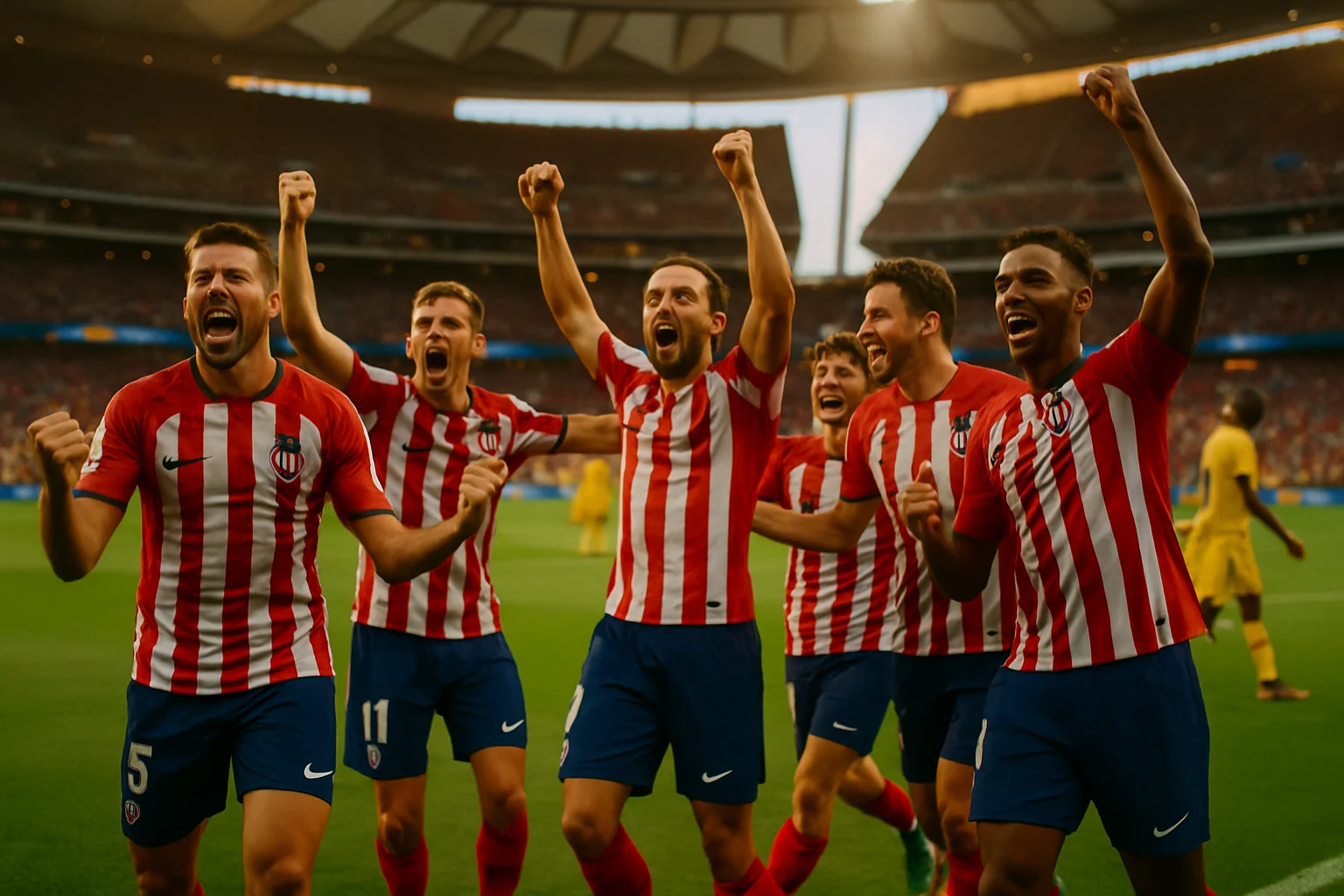 馬德里競技球員在大都會球場慶祝登頂西甲榜首