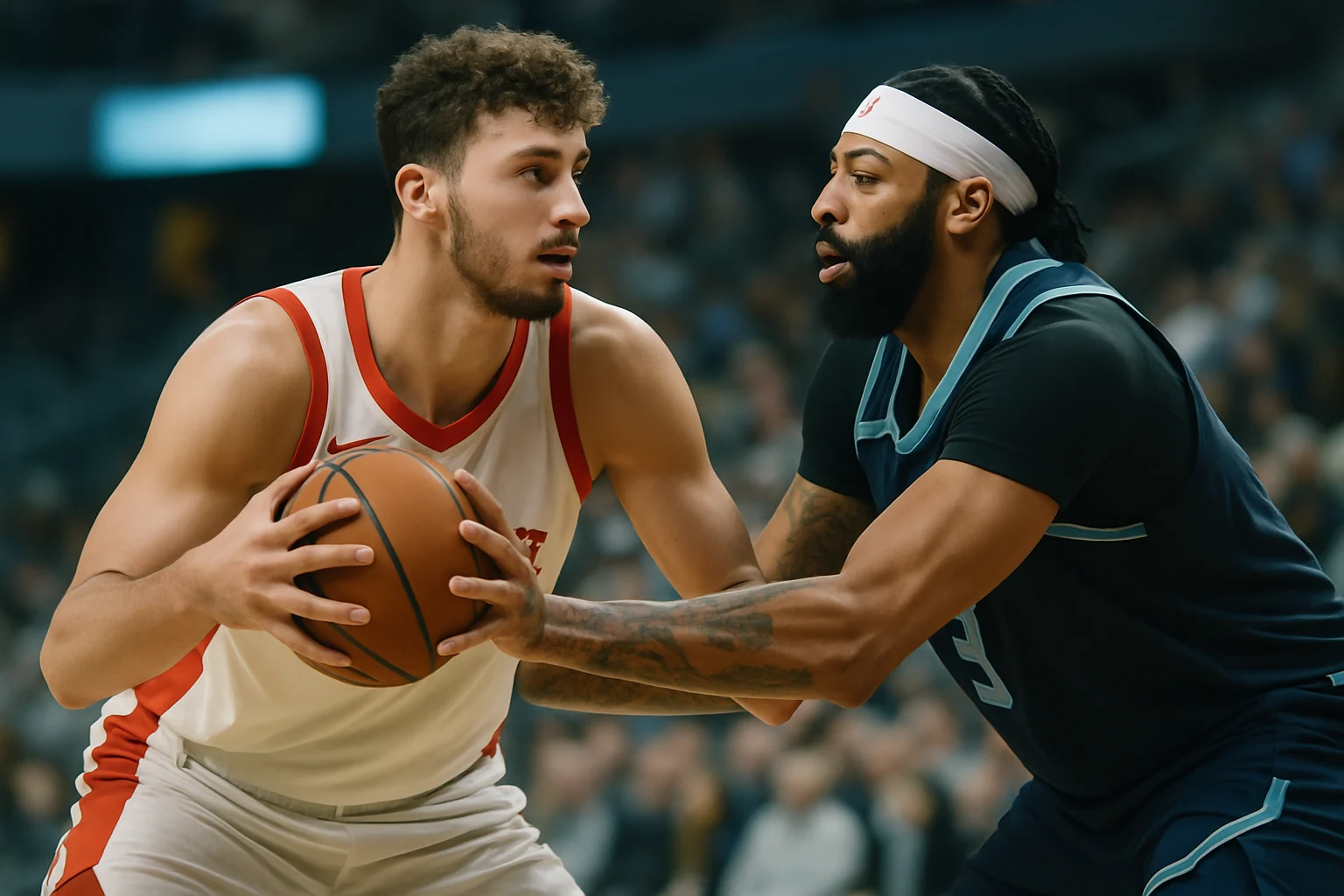 Alperen Sengun posting up against Anthony Davis during the 2026 NBA playoff series between Houston Rockets and Los Angeles Lakers