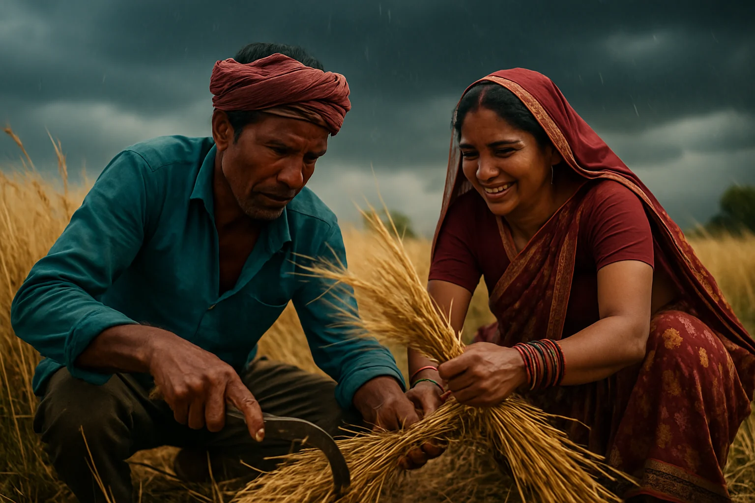 खेतों में बारिश से पहले फसल काटते हुए किसान और तेज हवाओं से लहराते पेड़