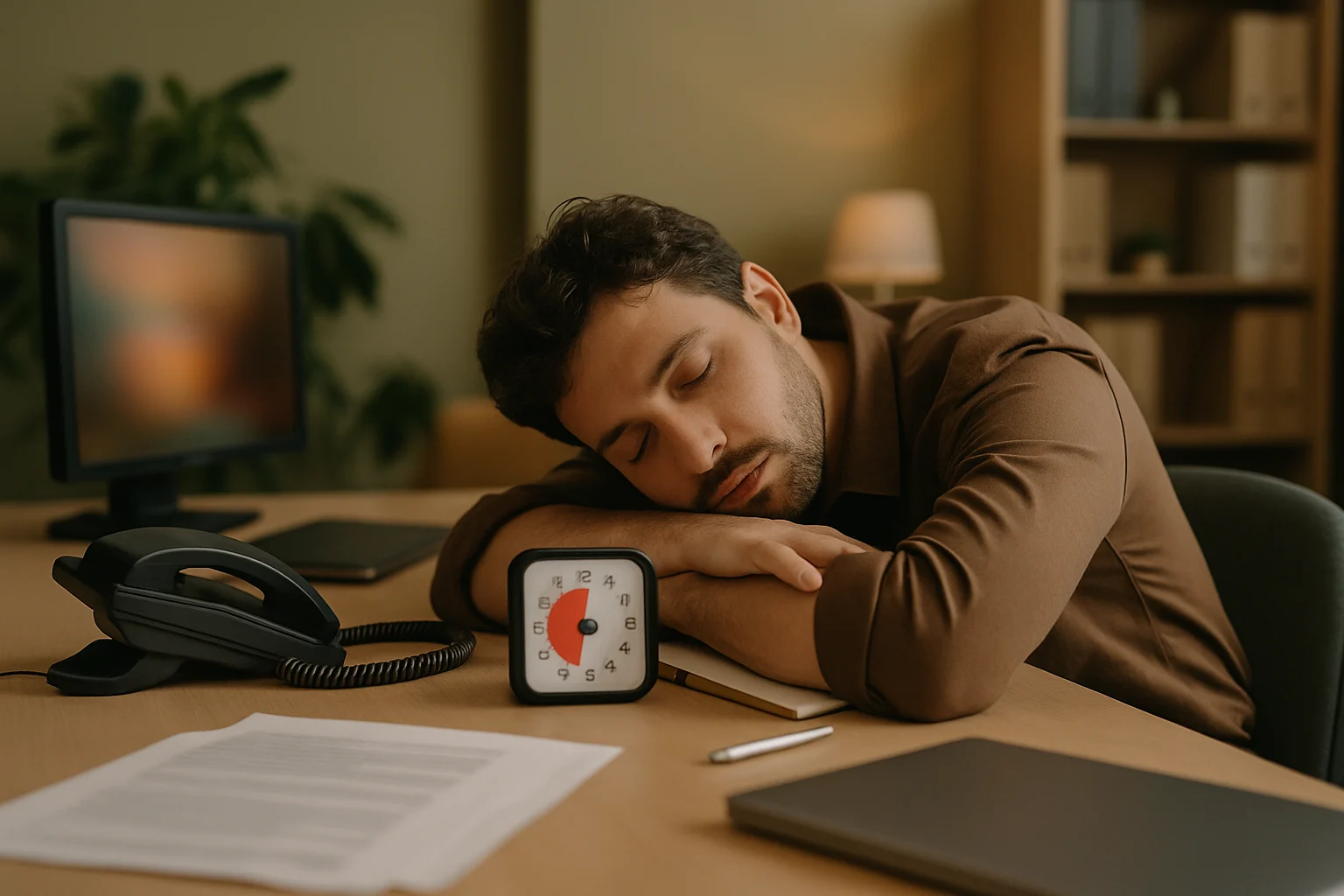 职场人在安静角落闭目休息,旁边放着手机计时器,午休替代方案与弹性休息场景示意