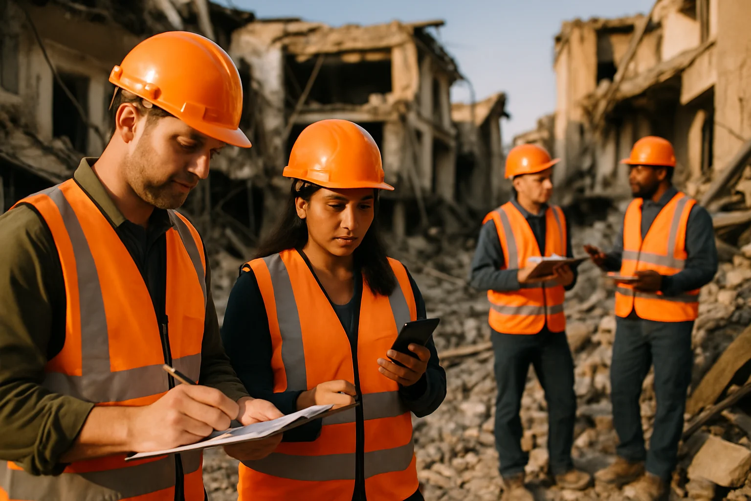 地震应急救援队伍在震中地区进行现场调查和安全检查工作