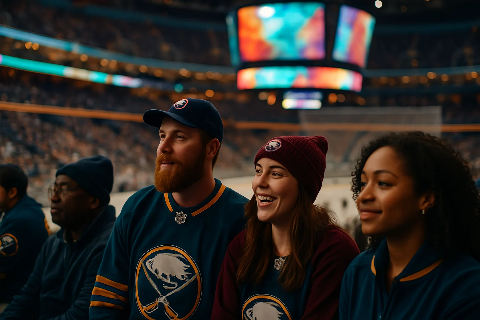 KeyBank Center arena interior filled with Buffalo Sabres fans during a 2026 NHL playoff home game, yellow rally towels visible throughout the crowd