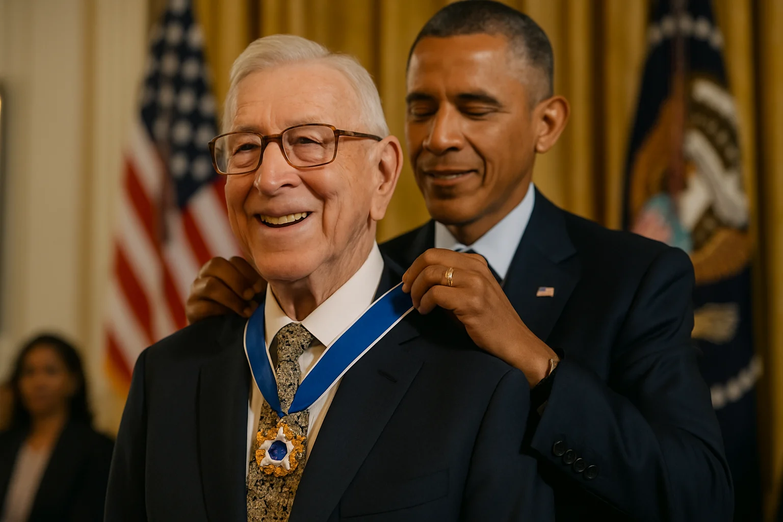 John Wooden receiving Presidential Medal of Freedom from President George W Bush in White House ceremony